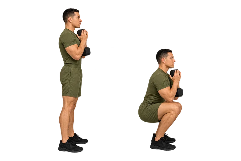 Goblet squat, start and finish